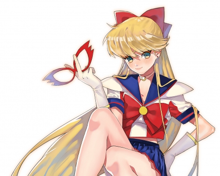 Sailor V - pretty, anime, divine, female, sailor v, blonde, blond hair, long hair, sublime, sailor moon, gorgeous, mask, blond, plain, ribbon, hd, nice, anime girl, sailormoon, beautiful, girl, simple, blonde hair, beauty, lovely, sweet, cg, white, awesome, magical girl