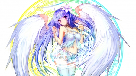 Ë–âœ§â—(â°â–¿â°)â—œâœ§Ë– - beauty, nice, female, angel, hot, magic, wings, anime girl, pretty, anime, sexy, girl, magical, long hair, purple hair, lovely, blue hair, wing, beautiful, sweet