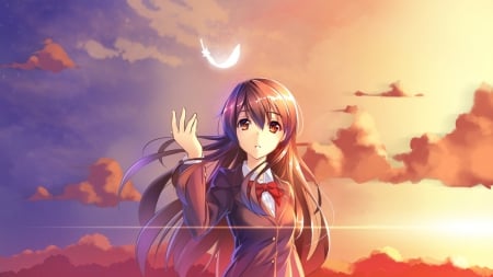 Floating Feather - long hair, sunset, anime girl, seifuku, floating feather, big eyes, school uniform, anime, feather, red bow