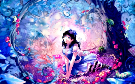 Alice- Alice in Wonderland - forest, wallpaper, flowers, alice, mushroom, anime girl, colourful background, blue dress, blue eyes, trees