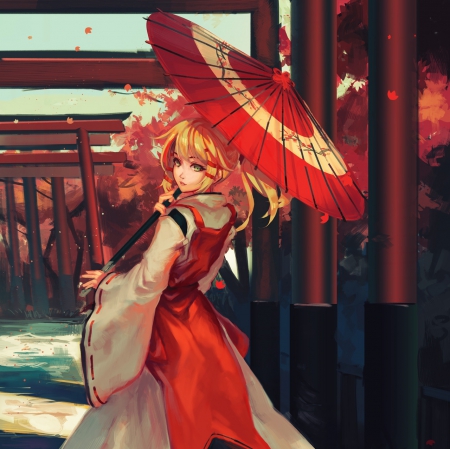 Shrine - pretty, anime, female, maiden, blonde, blond hair, long hair, sublime, japan, shrine, umbrella, gorgeous, blond, hd, nice, anime girl, beautiful, girl, blonde hair, beauty, kimono, lovely, sweet, yukata, cg, lady, japanese