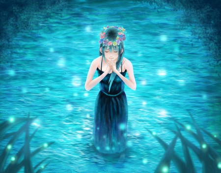 Tranquility - maiden, sublime, sparks, magic, fantasy, magical, awesome, anime, blue, pond, lovely, female, realistic, beautiful, blime, girl, praying, anime girl, pray, gorgeous, lady, light, sundress, pretty, glow, water, beauty, sweet, dress, long hair, divine, nice, shining