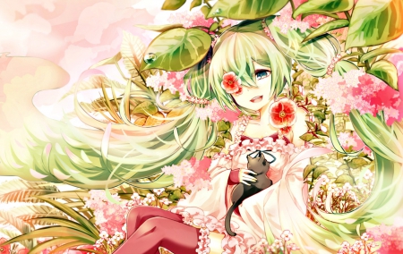 Hatsune Miku - kaio, anime, Hatsune Miku, girl, flower, pink, manga, white, green