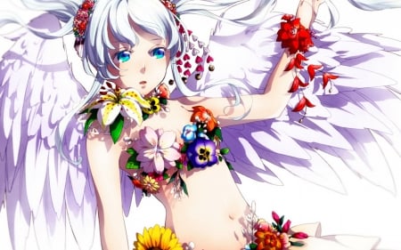 Hatsune Miku - hatsune miku, angel, girl, meo, wings, white, pink, red, anime, feather, manga, flower