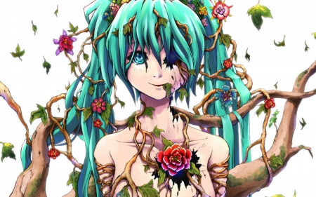 Hatsune Miku - flower, rose, vocaloid, anime, girl, blue, manga, white, hatsune miku, green