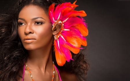 Model - summer, fashion, girl, feather, flower, pink, orange, style, make-up, woman, model