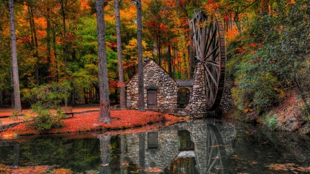 fantastic large wheel stone mill hdr - autumn, trees, wheel, mill, nature, reflections, forest, reflection, stones, hdr, strem