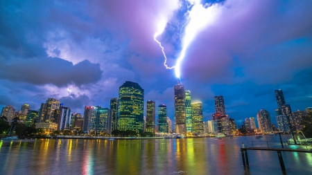 lightning over skyscrapers - clouds, skyscrapers, harbor, city, lightning