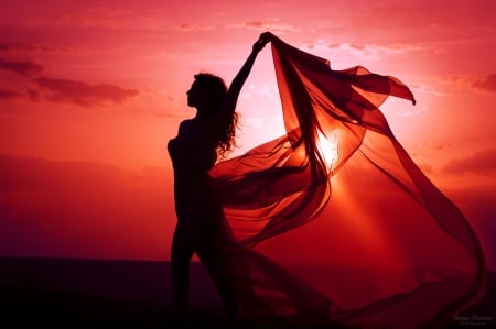 Red sunset - summer, sundown, freedom, photo, red, sky, veil, beautiful, enjoy, lovely, glow, wind, sunset, lady, rays, woman, fiery