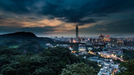 skyscraper in taipei taiwan at dusk - clouds, lights, dusk, skyscraper, city, forest, mountain