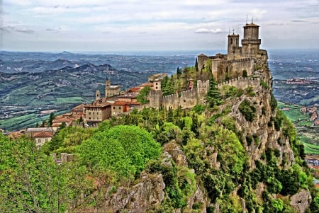 Republic of San Marino - hills, Rock, town, medieval, countryside, view, old, landscapes, houses, sky, castle, trees, architecture, village, river, ancient, panorama, building