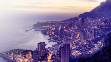 seaside monaco in purple dusk - coast, purple, sea, dusk, city, sudk, mountain