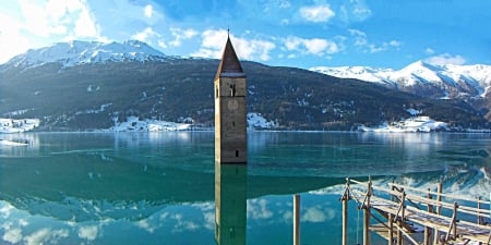 Resia Lake_Italy - reflections, parts, Alps, snow, italia, view, old, landscapes, lake, houses, sky, ruins, clouds, trees, colors, architecture, village, ancient, green, panorama, mountains, italy, bridge