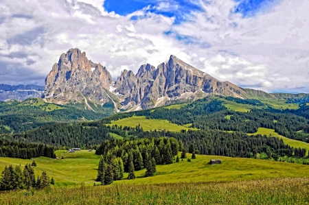 Alpe di Siusi_Italy - beauty, nice, sky, valley, italy, trees, panorama, mountains, path, view, clouds, architecture, green, grass, landscapes, alpine hut, houses, hills, italia, nature, forest, snow, alps