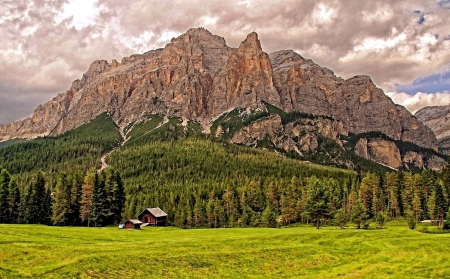 Armentarola_Italy - forest, grass, alpine hut, architecture, scenery, panorama, view, italia, nature, italy, mountains, path, alps, valley, beauty, sky, houses, clouds, landscapes, trees, colors, green, snow