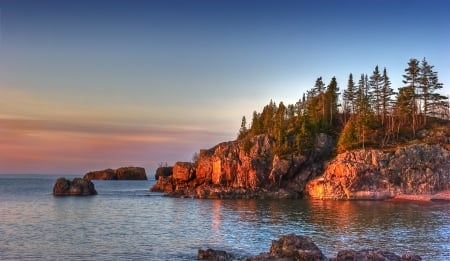 Silver Bay, Minnesota - water, cliff, firs, sea, rocks