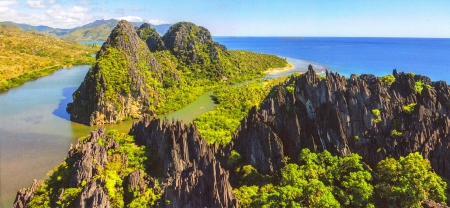 Rock Island Estuary, New Caledonia - trees, beach, beautiful, forest, erosion, Pacific Ocean, river, Melanesia, mountains