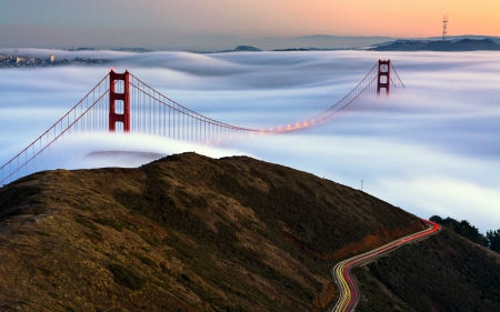 Foggy Golden Gate Bridge, San Francisco, California - bridge, foggy, hills, usa