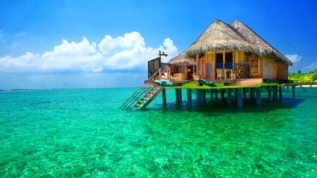 Maldives - hut, sky, beach, paradise, water, clear, hotel, vacation, crystal, emerald, green, relax, maldives, day, summer, lovely, exotic, romantic, beautiful, rest, island, breeze, sea