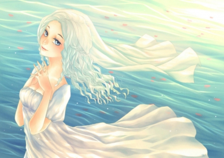 Innocent - gown, plain, blow, flowing, beautiful, white hair, anime girl, girl, gorgeous, blowing, flow, simple, pretty, beauty, sweet, silver hair, anime, hd, dress, cg, long hair, divine, nice, lovely, female