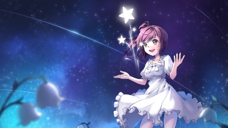 Shining Star - pretty, star, anime, kawaii, female, blue, blossom, dress, night, happy, shining, hd, nice, smiling, gown, anime girl, beautiful, girl, sundress, beauty, lovely, sweet, flower, tulip, cg, glow, smile, white, glowing, adorable, shine