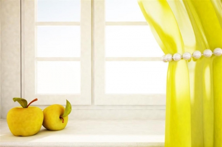 Apples on the windowsill - tent, on the windowsill, window, yellow color, apples