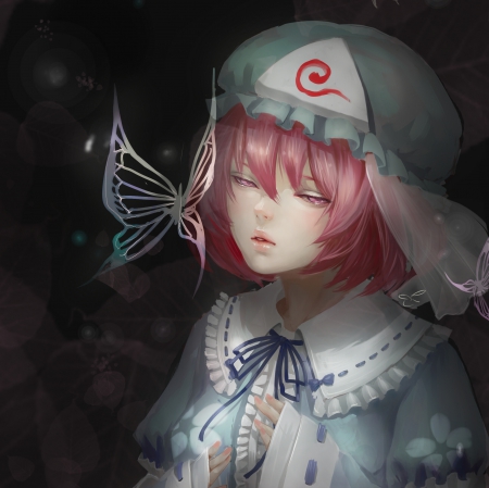 Butterfly - gloomy, beautiful, anime girl, girl, sorrow, gloom, gorgeous, pink hair, emotional, touhou, pretty, short hair, beauty, sweet, dark, anime, hd, dress, cg, divine, butterfly, nice, lovely, sad, female, realistic, saigyouji yuyuko