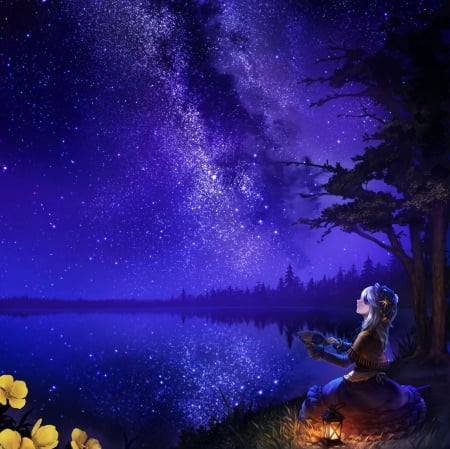 Night Sky - pretty, star, anime, magic, female, scenery, scene, stream, night, dark, hd, nice, sky, anime girl, realistic, water, beautiful, pond, girl, scenic, beauty, lovely, sweet, darkness, cg, glow, fantasy