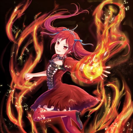 Flame Princess - anime, twin tail, magic, female, twintail, dress, long hair, red hair, redhed, burning, fire, red, hd, twin tails, anime girl, twintails, beautiful, hot, girl, simple, flame, beauty, cg, fantasy, burb, sexy, blaze