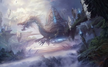 Dragon - game, fantasy, dragon, blue, mist, art, castle