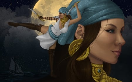 Isabela - black, isabela, game, gipsy, girl, dragon age, blue, art, fantasy, profile, golden, moon, woman, knife