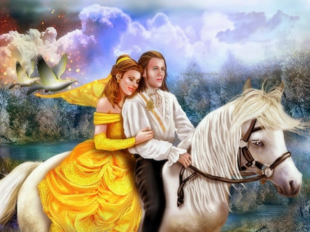 ~Couple Riding~ - pretty, romantic, creative pre-made, photomanipulation, beautiful girls, beloved valentines, riding, men, backgrounds, digital art, models, weird things people wear, colors, lovely, love, girls, fantasy, horses, woman, love four seasons, couple, lovers