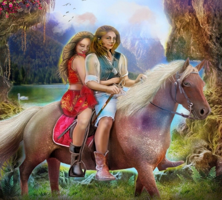 ~Enjoy of Love~ - woman, photomanipulation, models, men, fantasy, creative pre-made, horses, pretty, lovers, digital art, love, couple, riding, beautiful girls, lovely, love four seasons, weird things people wear, backgrounds, beloved valentines, colors