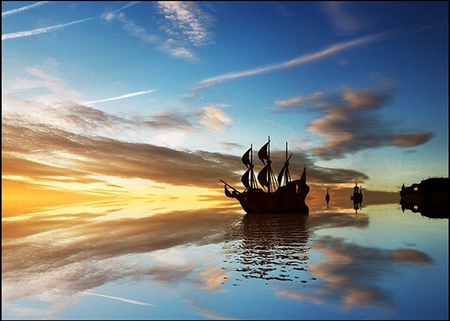 THE SHIP - clouds, ship, beach, sunset, painting, ocean