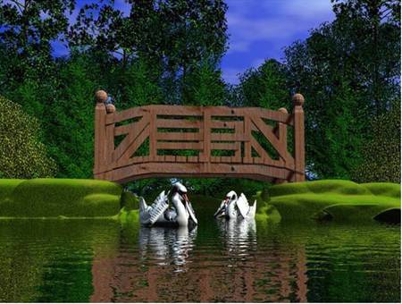 Swan Pond - gate, pond, lawn, white swans, trees