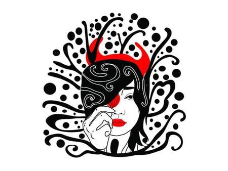 Devil Lady - black swirls, devil lady, black dots