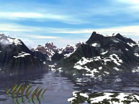 Ocean and Mountains - lake, snow, mountains, blue sky, reeds