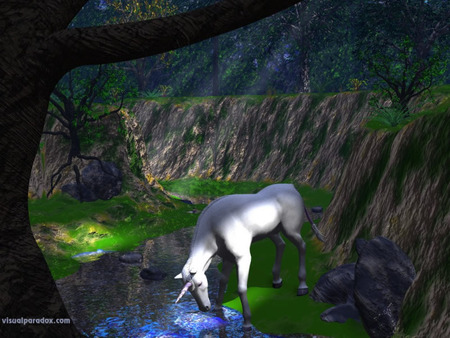 White Unicorn - stream, mountains, white unicorn, trees