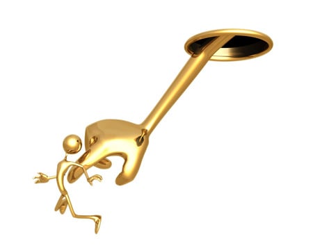 Pushed Around - 3d gold figure, golden round opening, large gold hand pushing