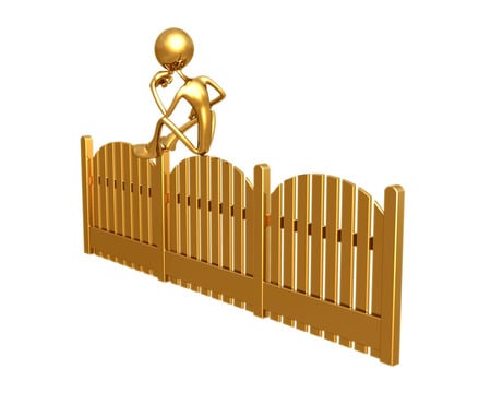 Sitting on the fence - 3d gold figure, gold fence, sitting, thinking