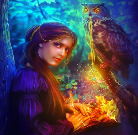 The Spell - witch, owl, woman, beautiful, spell, girl, amulet