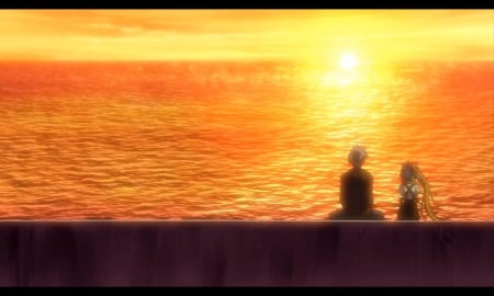 Golden Sunset - horizon, anime girl, dark, romance, kamio, air, scenic, shining, glow, romantic, beautiful, sweet, ray, sea, nice, beauty, beach, female, water, gorgeous, glowing, pretty, anime, scene, love, male, couple, sunlight, girl, sunsert, lovely, cg, hd, scenery, misuzu