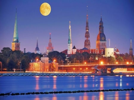 Full Moon over Riga - moon, bridges, urban, Baltic states, harvest, buildings, cityscape, architecture, river, cities