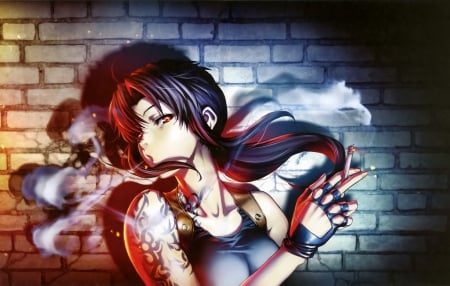 Something Smoking - pretty, anime, female, long hair, revy, nice, anime girl, realistic, beautiful, black lagoon, hot, girl, beauty, lovely, sweet, sinister, cigarette, smoke, sexy, wall