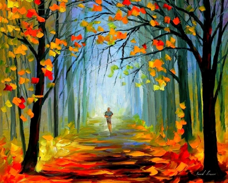 â˜…Alone in Autumnâ˜… - autumn, trees, colorful, creative pre-made, man, paintings, landscapes, loneliness, attractions in dreams, forests, stunning, nature, alone, love four seasons, most downloaded, panoramic view, beautiful, leaves, seasons, scenery, colors, misty, fall season