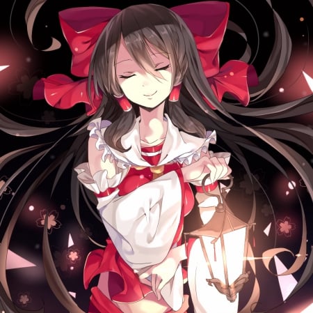 Light Dream - black, cute, beautiful, hakurei reimu, anime girl, adorable, girl, shrine maiden, white, ribbon, brown, lantern, red, touhou, pretty, kawaii, beauty, sweet, brown hair, anime, hd, cg, long hair, reimu, nice, lovely, female