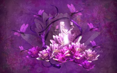 Waterlily Fantasy - purple, dragonflies, flowers, design, art, ribbon, pond, faery, bow, waterlily, fairy tale, viola tricolor