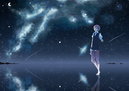 Amatsuki- Nico Nico Singer - shooting stars, solo, walking on water, shirt, nico nico singer, stars, fanart, amatsuki, red eyes, pixiv, standing, vest, anime, night, red hair, sky, pants, reflection, smile, moon, wristband, starry night