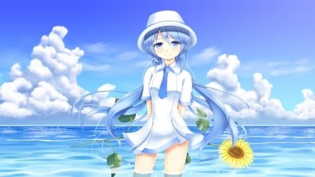 Blue Sea - pretty, miku hatsune, female, scenery, scene, blue hair, nice, beauty, flower, white, cute, vocaloid, anime, blue, kawaii, dress, hatsune miku, long hair, sunflower, sky, anime girl, water, beautiful, girl, sundress, lovely, sweet, miku, awesome, cloud, aqua hair, adorable, hatsune, vocaloids