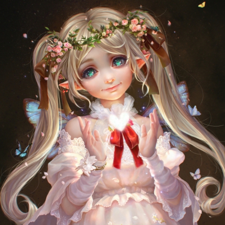 Shining Heart - pretty, heart, magic, twin tail, female, wing, blossom, blond, nice, love, flower, petals, cg, wings, butterfly, cute, anime, divine, kawaii, twintail, dress, blonde, blond hair, long hair, magical, gorgeous, hd, ribbon, twin tails, anime girl, twintails, realistic, ing, girl, blonde hair, lovely, sweet, glow, glowing, fantasy, awesome, adorable